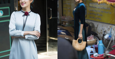 Huyền My dạo phố Hà Nội với áo dài tự thiết kế