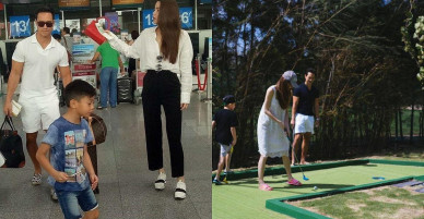 Cư dân mạng phát cuồng trước hình ảnh gia đình hạnh phúc Hà Hồ, Kim Lý, Subeo chơi golf cùng nhau