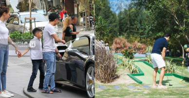Khoảnh khắc Hà Hồ từ xa nhìn Kim Lý dạy Subeo đánh Golf