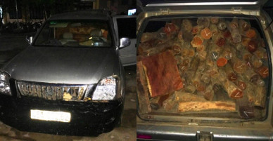 CSGT chốt chặn, bắt ô tô 7 chỗ chở gỗ lậu gắn 2 biển số