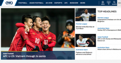 Dòng tin Việt Nam tiến thẳng bán kết xuất hiện đầy tự hào trên trang chủ Fox Sports Asia