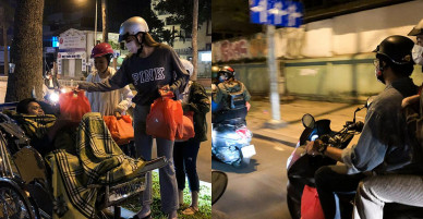 Hồ Ngọc Hà bịt mặt, đi xe máy tặng quà cho người vô gia cư đến 2h sáng