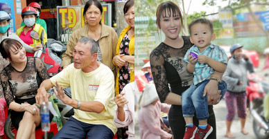 Phi Thanh Vân tự lái xế hộp chở con trai đi làm từ thiện