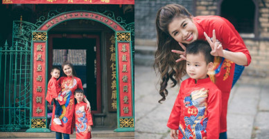 Vợ chồng Đăng Khôi – Thủy Anh mặc áo dài, rạng rỡ đưa hai con đi lễ chùa đầu năm