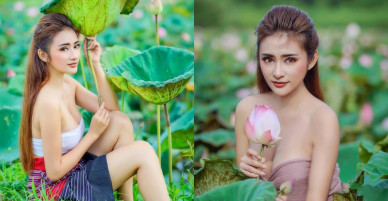 2 mỹ nữ khoe siêu vòng một giữa cánh đồng hoa sen