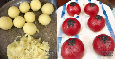 [Chế biến] – Bánh gấc nhân đậu xanh mềm ngon, đỏ mọng như hồng chín