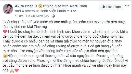sức khỏe, tình hình, Mai Phương, ung thư, Lê Bình, Akira Phan, Ốc Thanh Vân